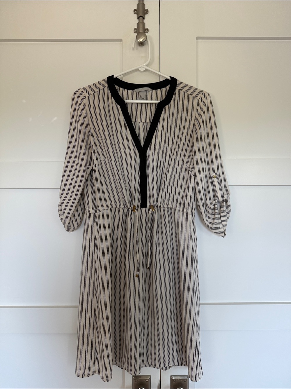 H&M Striped Midi Dress in Cream with Black Trim